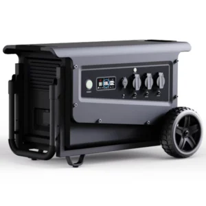 Side profile of NexGrid NV-R36-3072 rugged outdoor solar generator showingwaterproof AC outlets and heavy-duty wheels